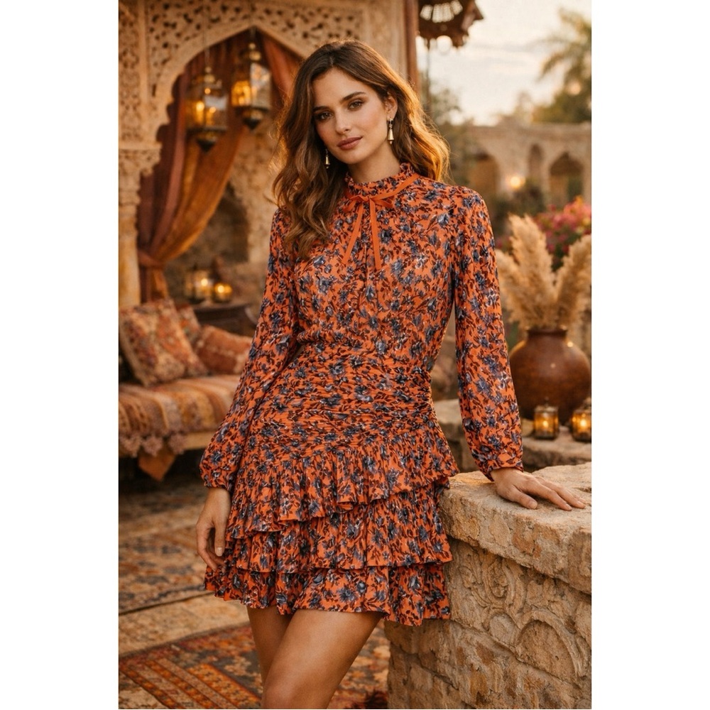 ULLA JOHNSON Marielle Mini Dress Rosewood sz: 4 S Long Sleeve Ruffle Orange Blue